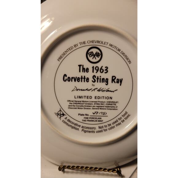 1963 Chevy Corvette by Donald Wieland LE Porcelain Franklin Mint Collector Plate - Picture 4 of 4